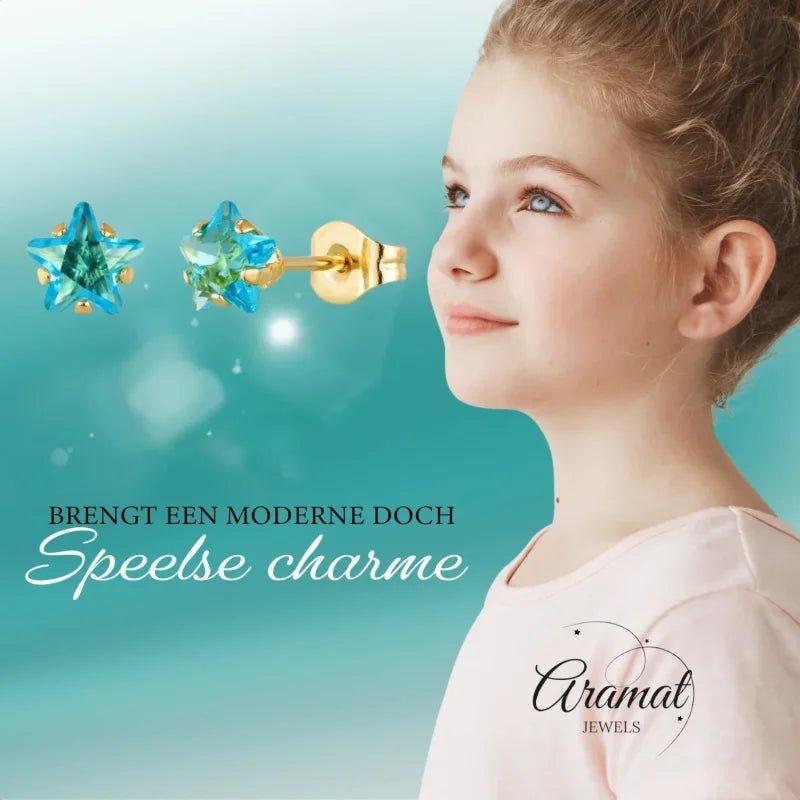 RVS Goudkleurige Ster Oorbellen Met Blauwe Zirkonia - 6mm -