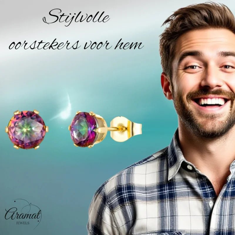 RVS zirkonia oorbellen multicolor en goudkleur - 5mm - Heren