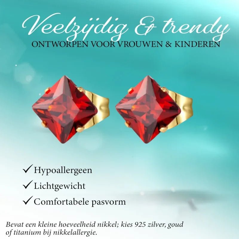 Stalen Goudkleurige Vierkante Oorbellen Rood - 6mm -