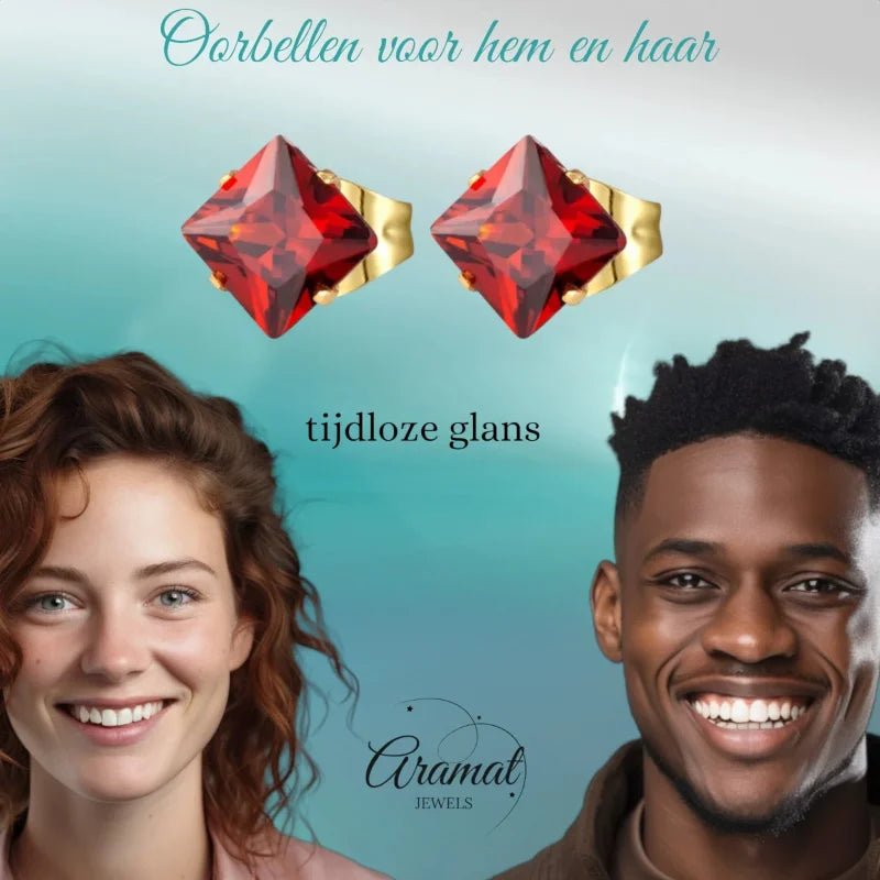 Stalen Goudkleurige Vierkante Oorbellen Rood - 6mm -