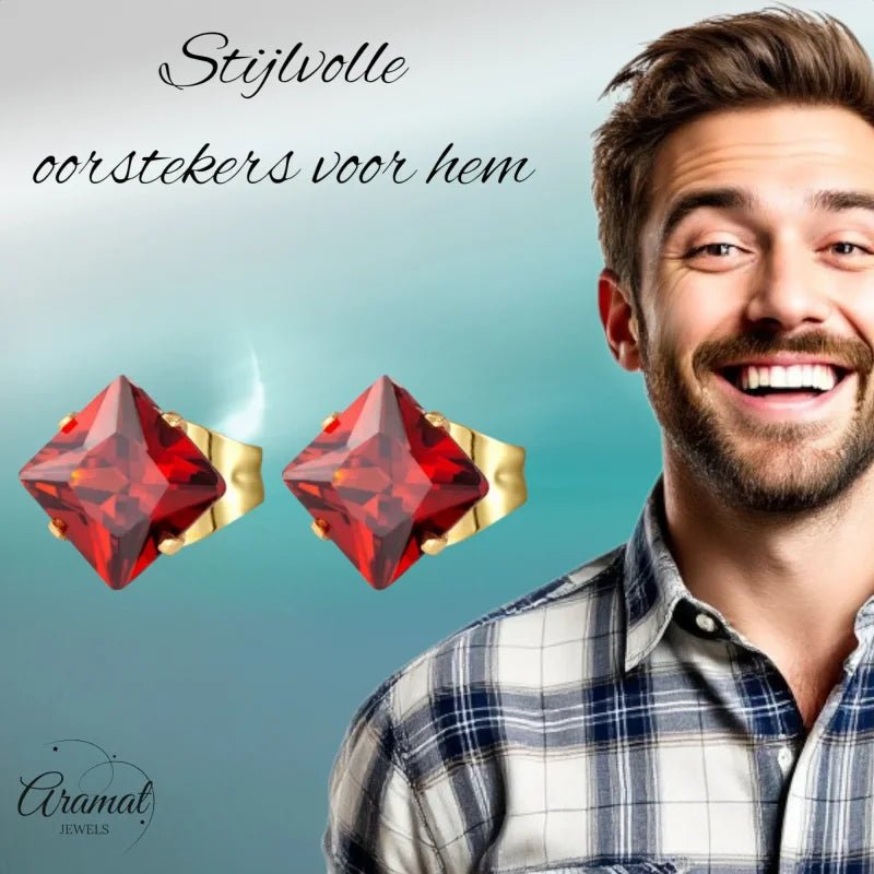 Stalen Goudkleurige Vierkante Oorbellen Rood - 4mm -