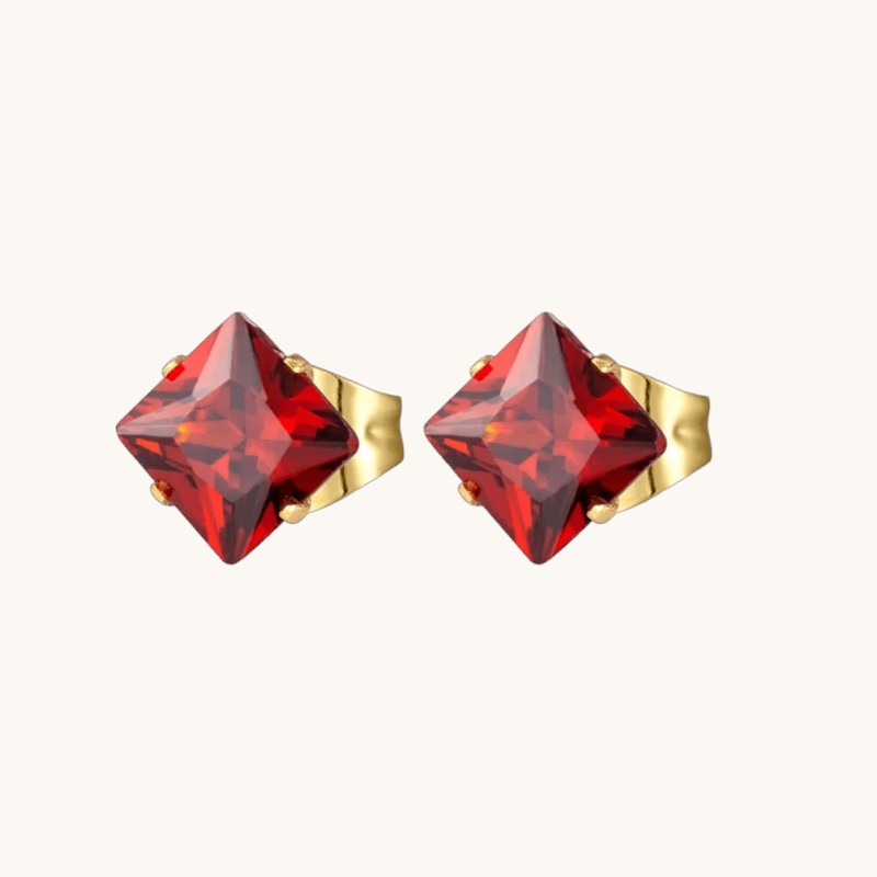 Stalen Goudkleurige Vierkante Oorbellen Rood - 5mm -