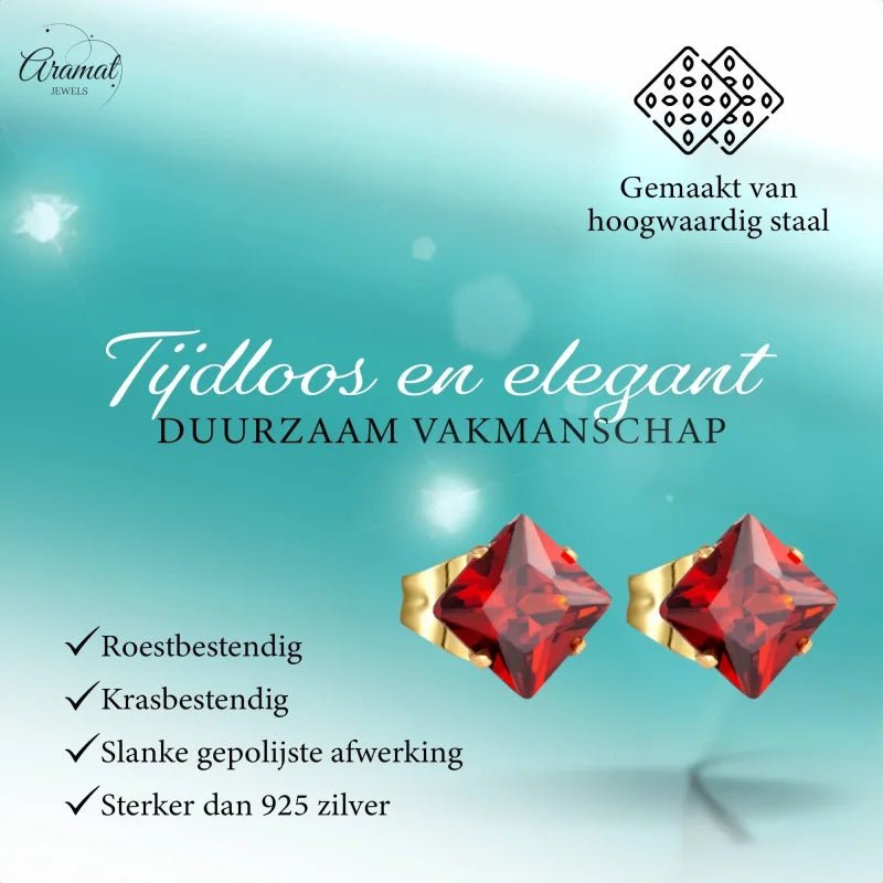 Stalen Goudkleurige Vierkante Oorbellen Rood - 5mm -