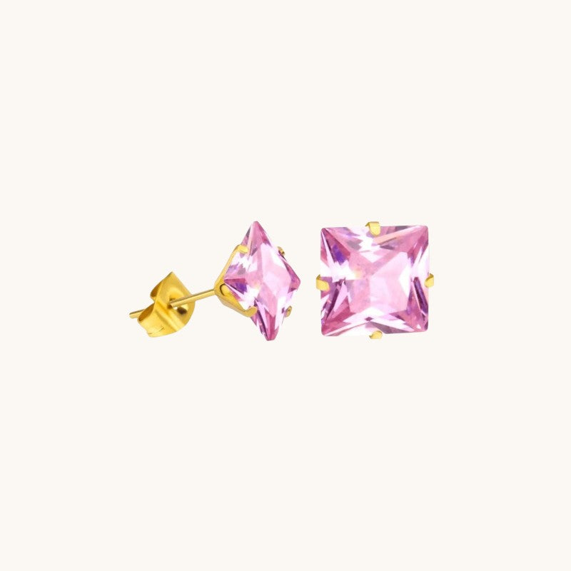 Goudkleurige Vierkante Oorbellen Met Roze Zirkonia - 4mm -
