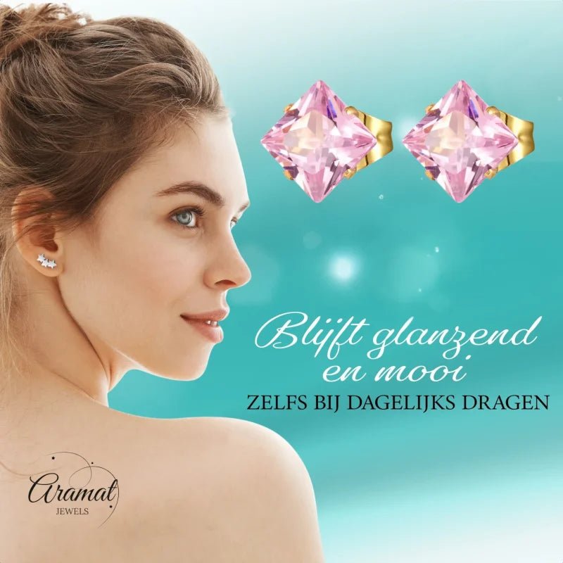 Goudkleurige Vierkante Oorbellen Met Roze Zirkonia - 4mm -