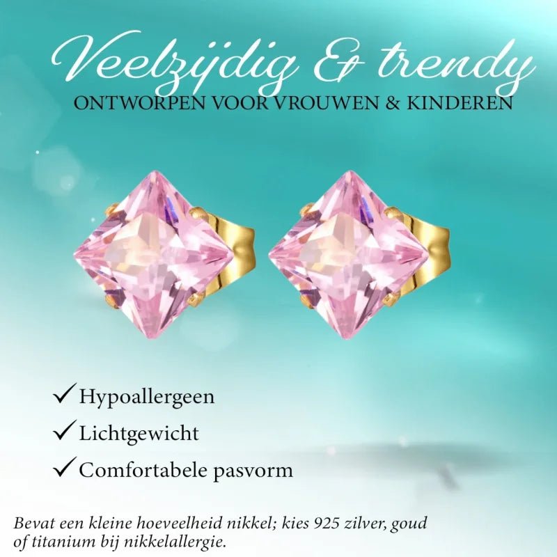 Goudkleurige Vierkante Oorbellen Met Roze Zirkonia - 4mm -