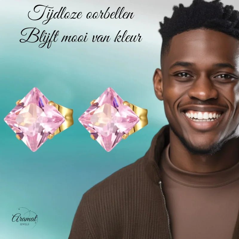 Goudkleurige Vierkante Oorbellen Met Roze Zirkonia - 4mm -
