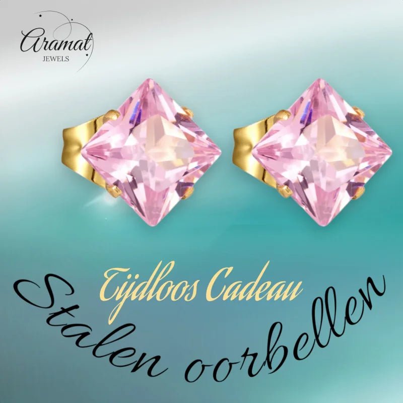 Goudkleurige Vierkante Oorbellen Met Roze Zirkonia - 4mm -