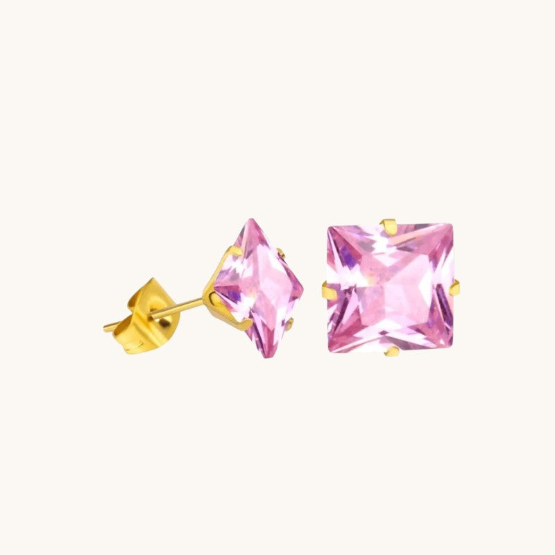 Goudkleurige Vierkante Oorbellen Met Roze Zirkonia - 5mm -