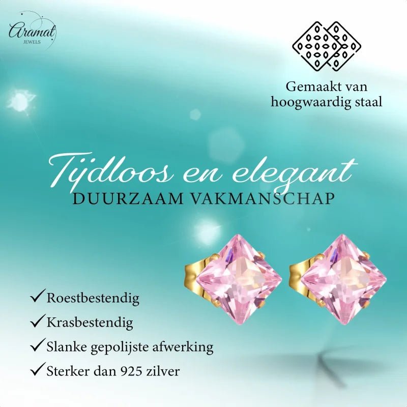 Goudkleurige Vierkante Oorbellen Met Roze Zirkonia - 5mm -