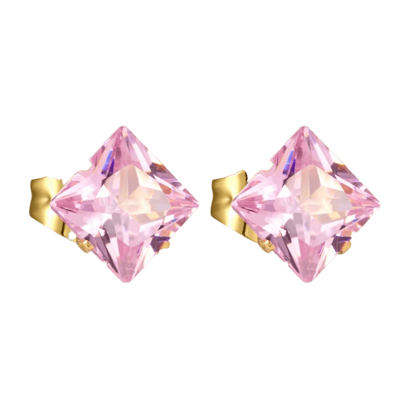 Goudkleurige Vierkante Oorbellen Met Roze Zirkonia - 5mm -