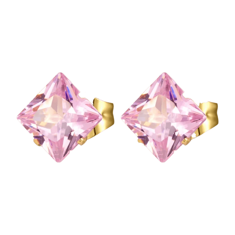 Goudkleurige Vierkante Oorbellen Met Roze Zirkonia - 6mm -