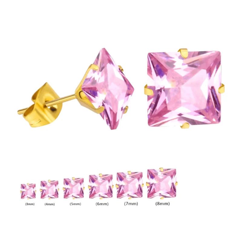 Goudkleurige Vierkante Oorbellen Met Roze Zirkonia - 6mm -
