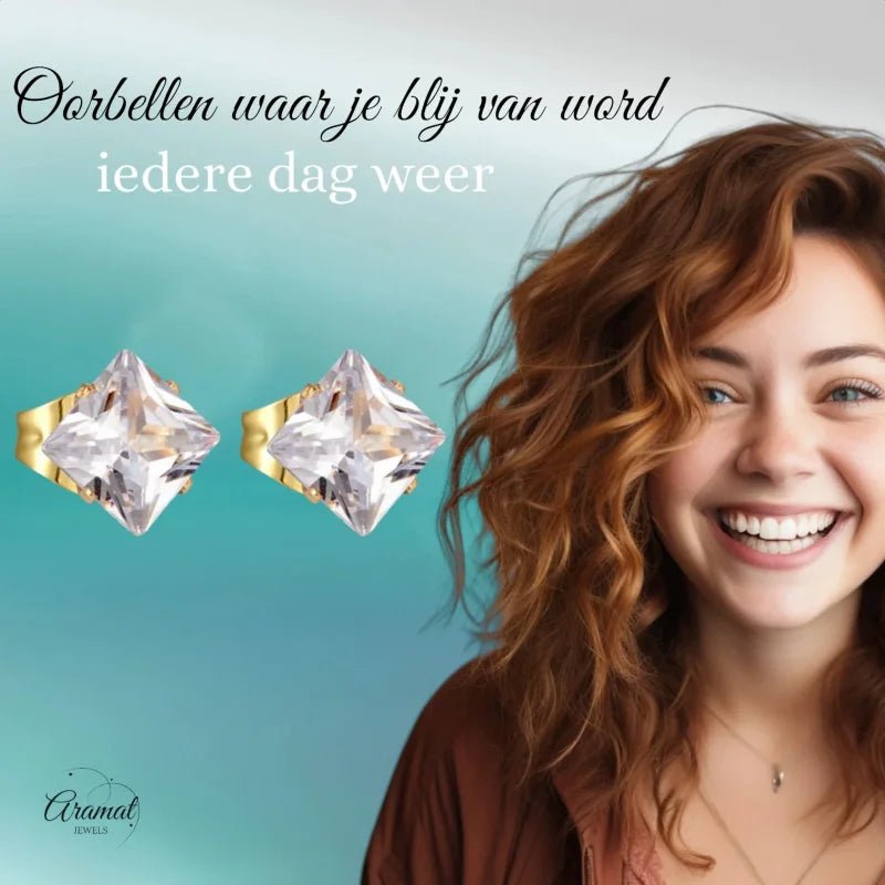 Stalen Goudkleurige Vierkante Oorbellen Transparant - 3mm -