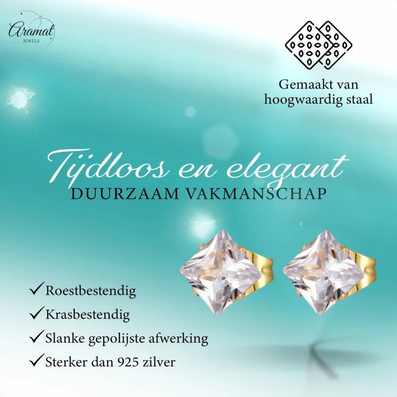 Stalen Goudkleurige Vierkante Oorbellen Transparant - 6mm -