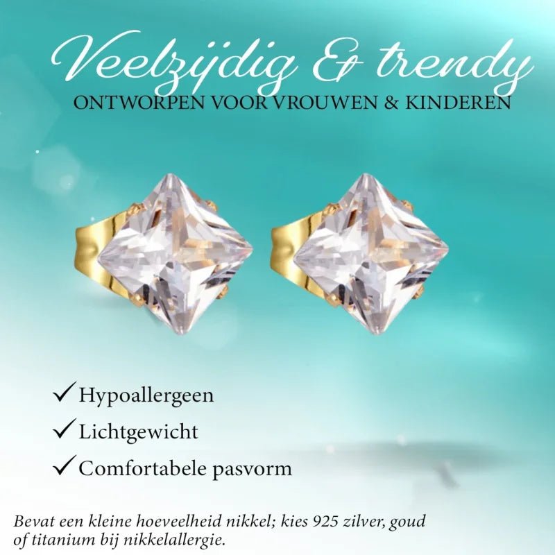 Stalen Goudkleurige Vierkante Oorbellen Transparant - 6mm -