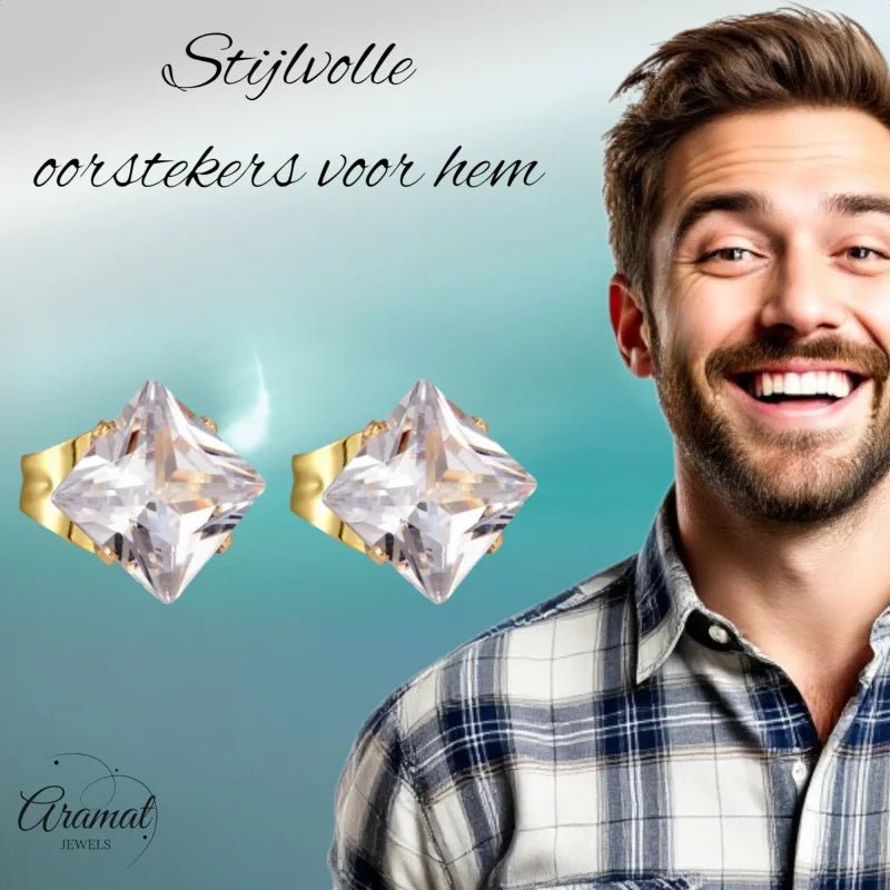 Stalen Goudkleurige Vierkante Oorbellen Transparant - 6mm -