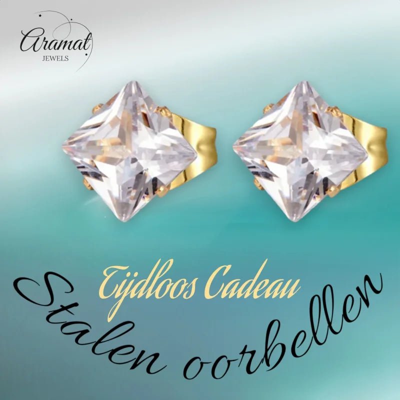 Stalen Goudkleurige Vierkante Oorbellen Transparant - 6mm -