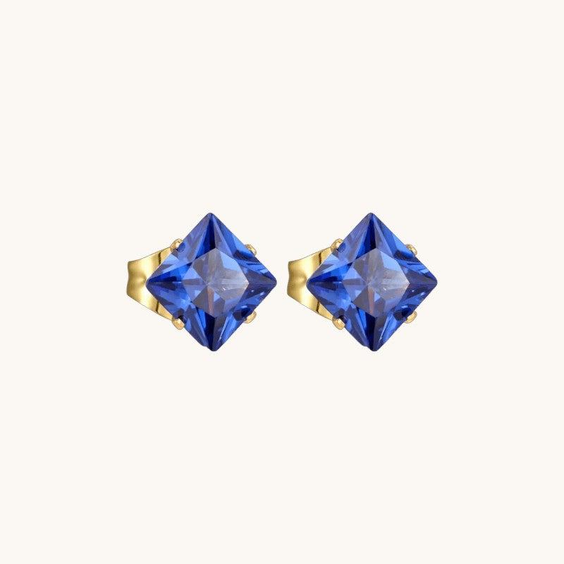 Goudkleurige Vierkante Oorbellen Met Blauwe Zirkonia - 4mm -