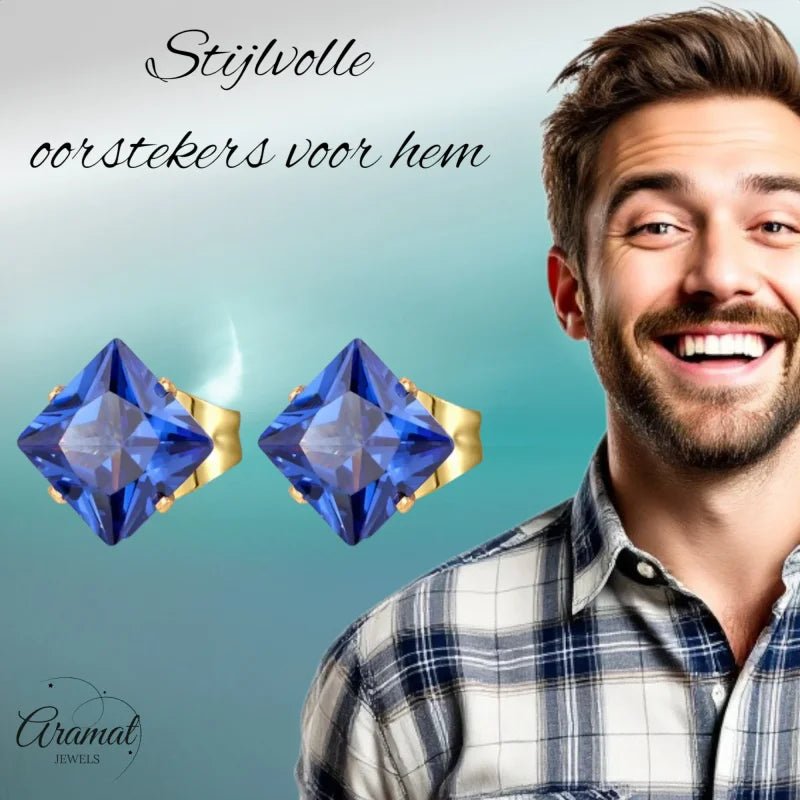 Goudkleurige Vierkante Oorbellen Met Blauwe Zirkonia - 4mm -