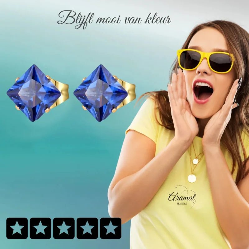 Goudkleurige Vierkante Oorbellen Met Blauwe Zirkonia - 4mm -