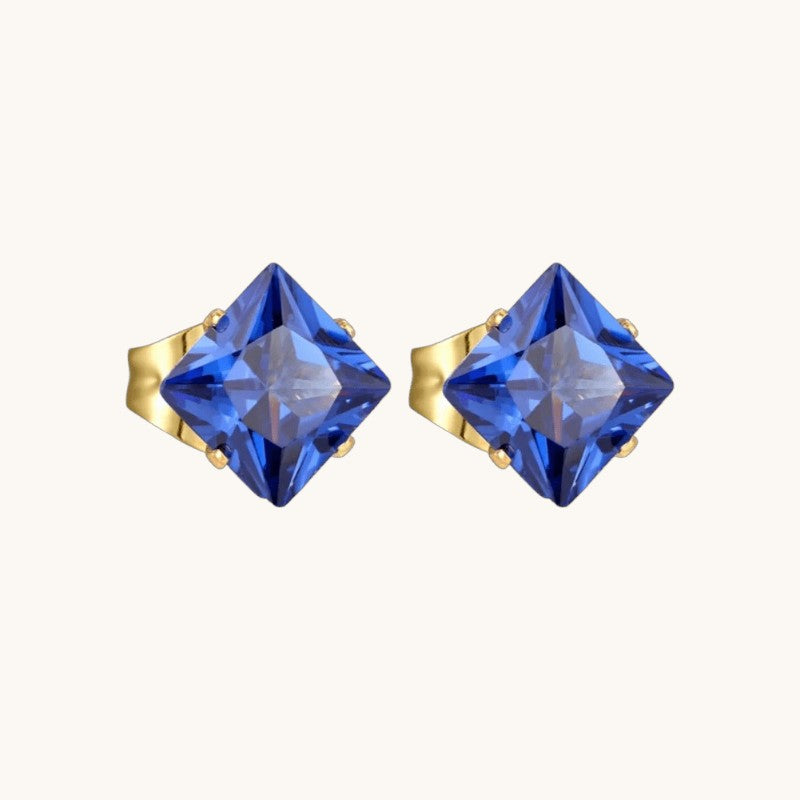 Goudkleurige Vierkante Oorbellen Met Blauwe Zirkonia - 5mm - Heren
