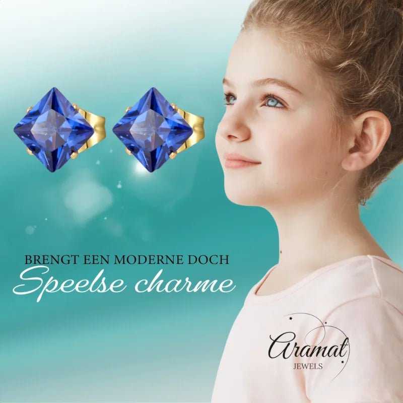 Goudkleurige Vierkante Oorbellen Met Blauwe Zirkonia - 5mm - Heren