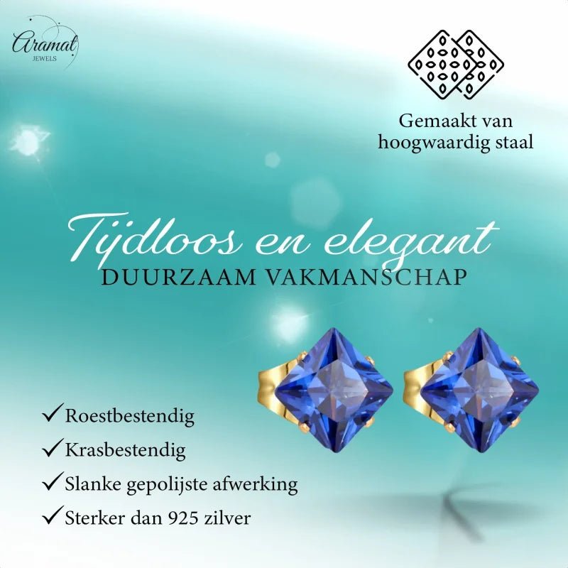 Goudkleurige Vierkante Oorbellen Met Blauwe Zirkonia - 5mm - Heren