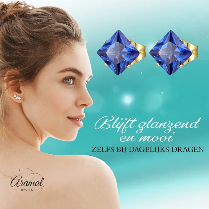 Goudkleurige Vierkante Oorbellen Met Blauwe Zirkonia - 5mm - Heren