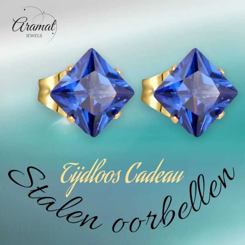 Goudkleurige Vierkante Oorbellen Met Blauwe Zirkonia - 5mm - Heren