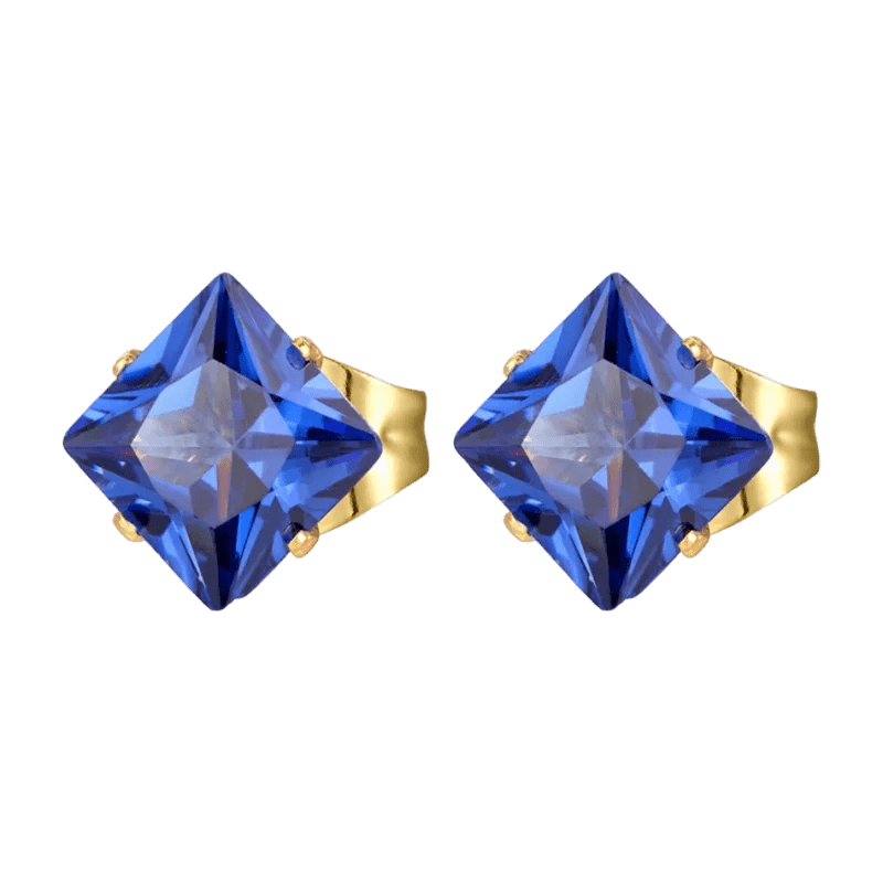 Goudkleurige Vierkante Oorbellen Met Blauwe Zirkonia - 6mm -
