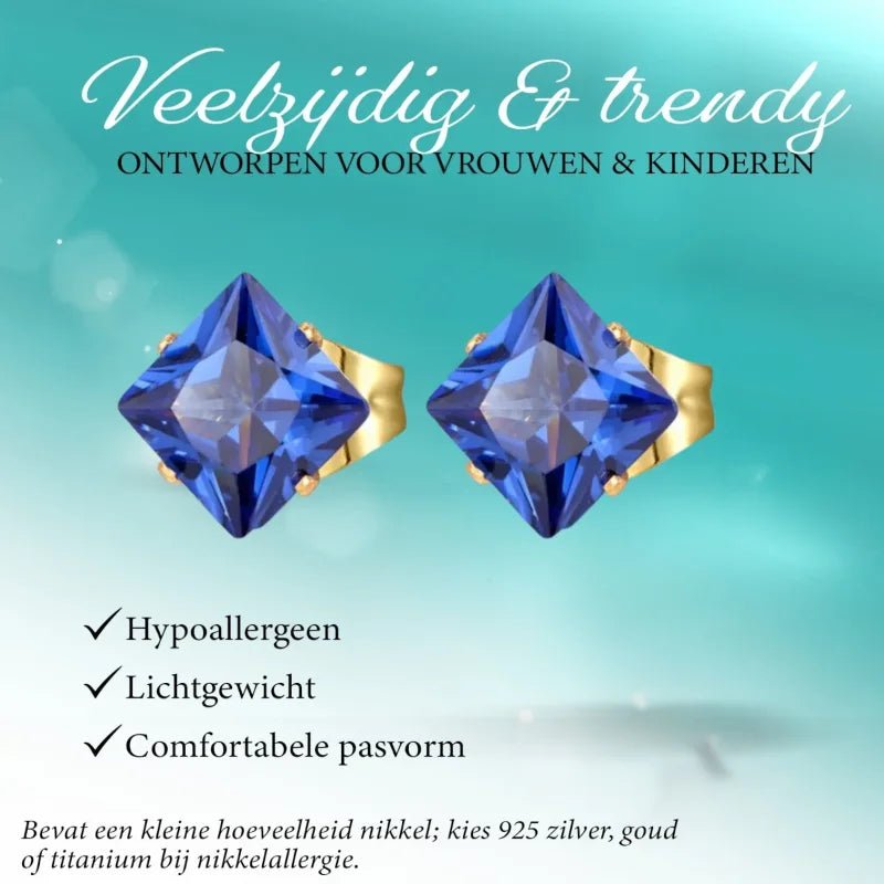 Goudkleurige Vierkante Oorbellen Met Blauwe Zirkonia - 6mm -