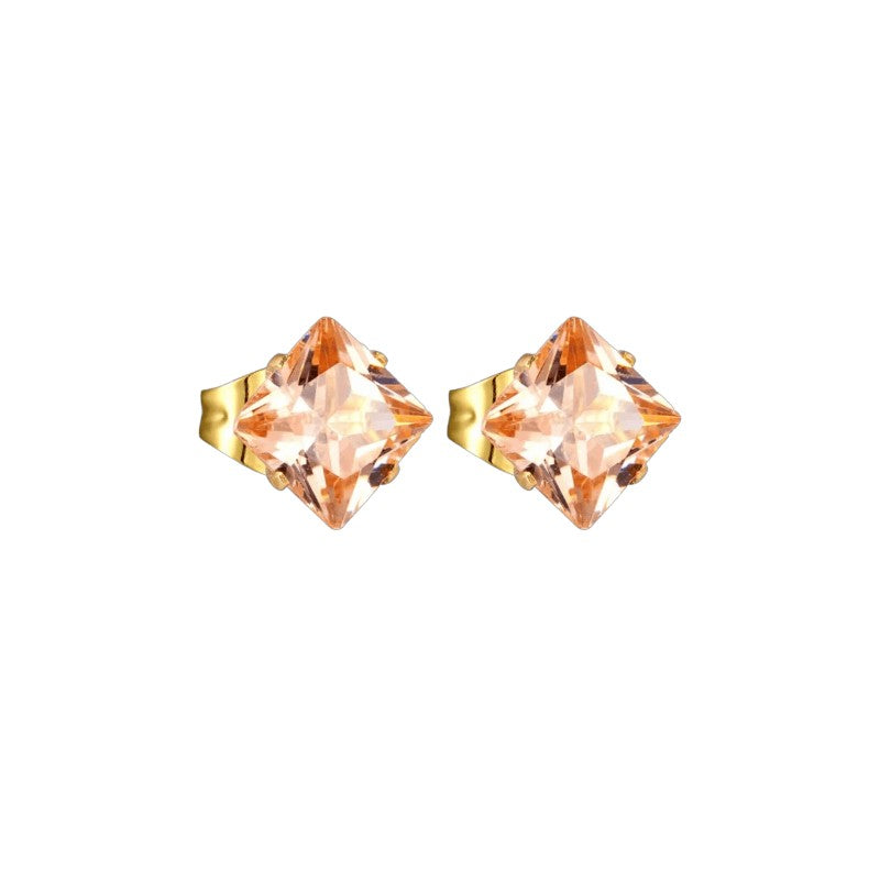 Goudkleurige Vierkante Oorbellen Met Champagne Zirkonia - 4mm -