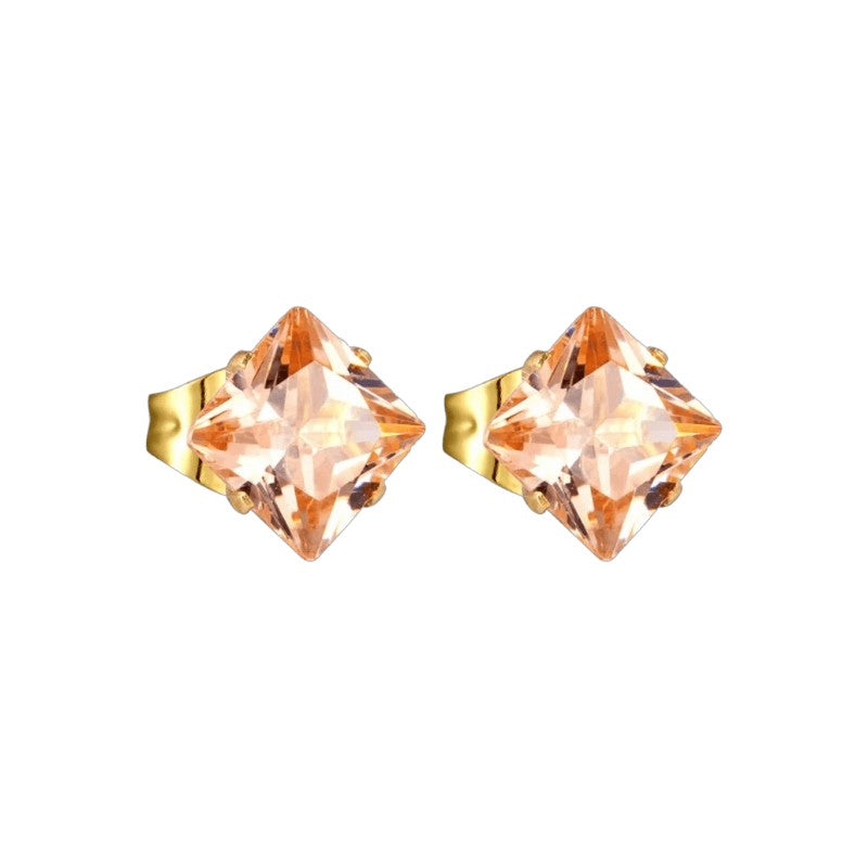 Goudkleurige Vierkante Oorbellen Met Champagne Zirkonia - 5mm -