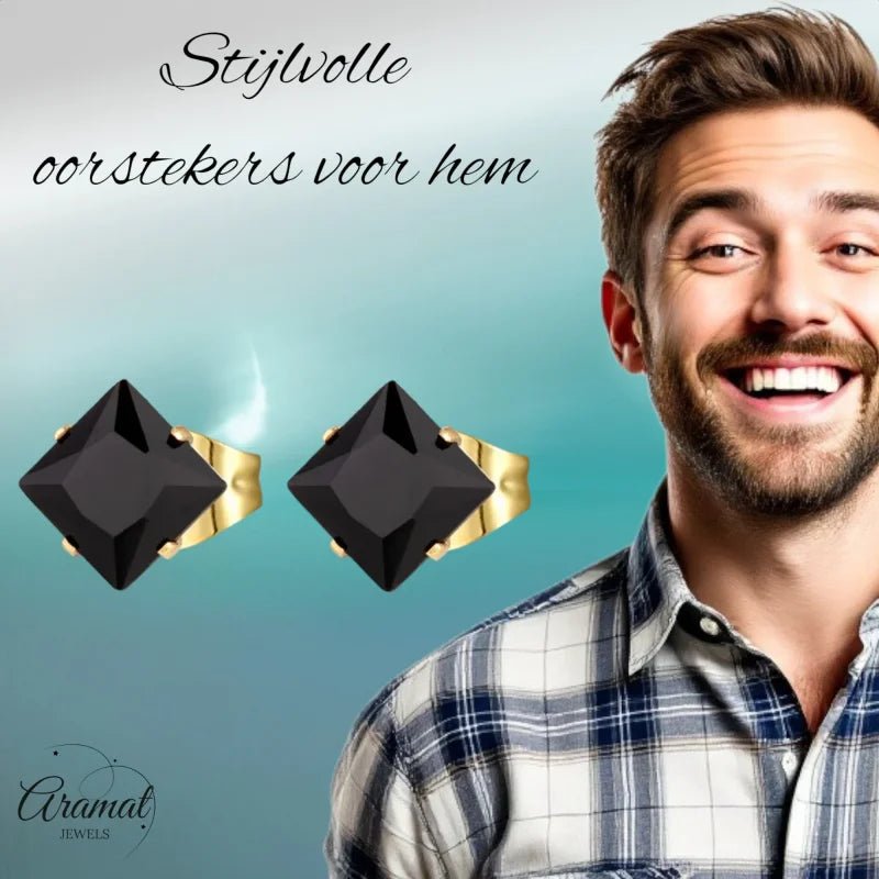 Rvs Vierkante Oorbellen Met Zwarte Zirkonia - 6mm -