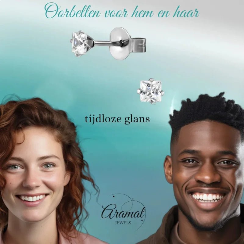 Zilverkleurige Vierkante zirkonia Oorbellen - 5mm -