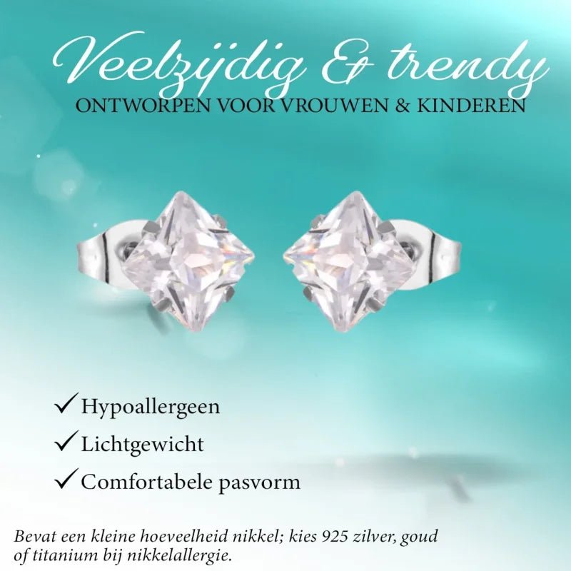 Zilverkleurige Vierkante zirkonia Oorbellen - 6mm -