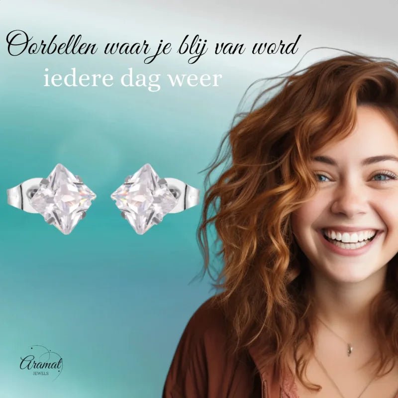 Zilverkleurige Vierkante zirkonia Oorbellen - 7mm -