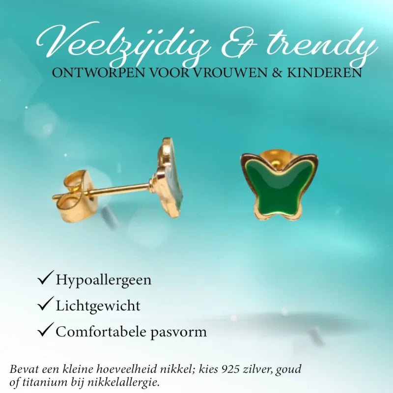 Goudkleurige Vlinder Oorbellen RVS en Emaille - Groen -