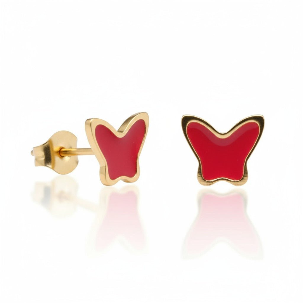 Goudkleurige Vlinder Oorbellen RVS en Emaille - Rood -