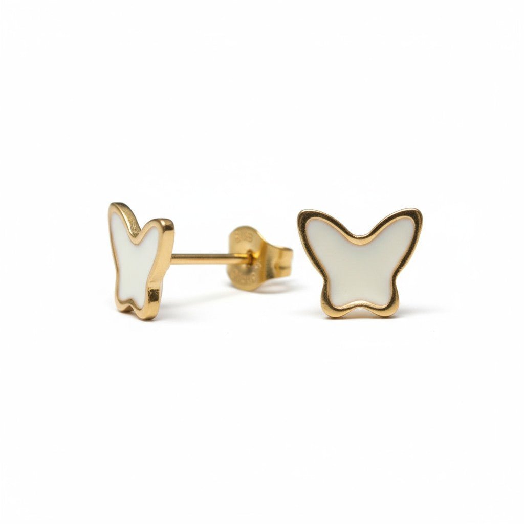 Goudkleurige Vlinder Oorbellen RVS en Emaille - Wit -