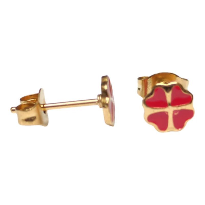 Goudkleurige Klavertje Vier Oorbellen Met Emaille - Rood -