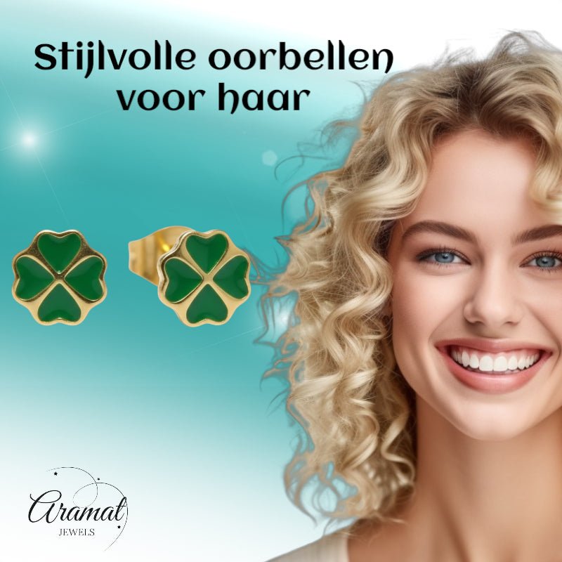 Goudkleurige Klavertje Vier Oorbellen Met Emaille - Groen -