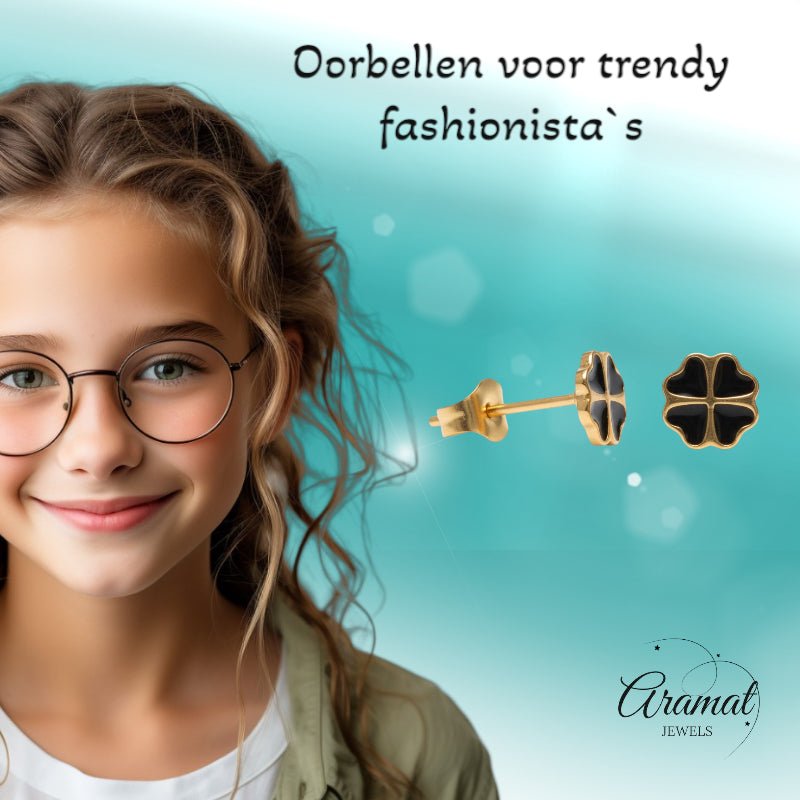 Goudkleurige Klavertje Vier Oorbellen Met Emaille - Groen -