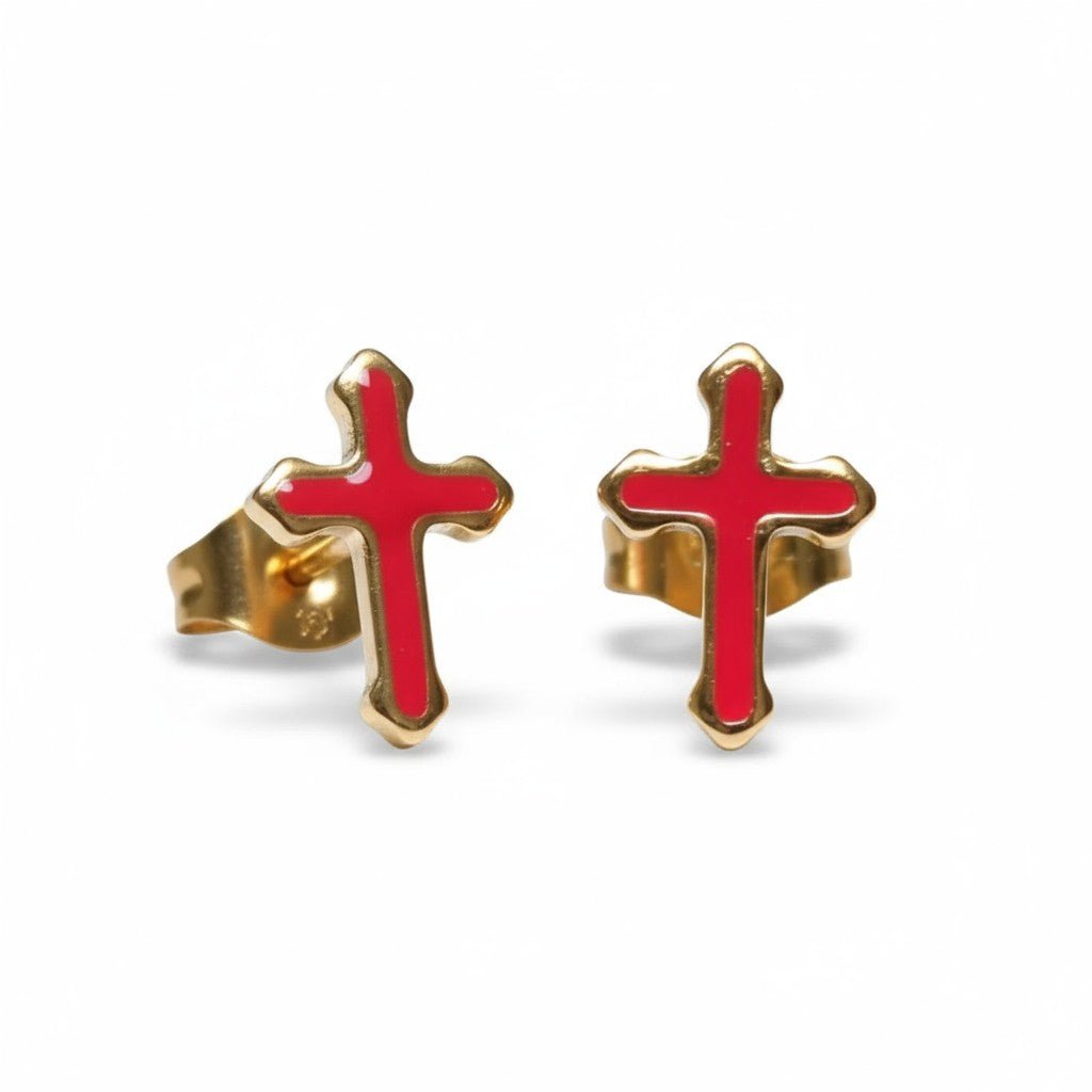 Goudkleurige Kruisjes Oorbellen Met Emaille Afwerking - Rood -