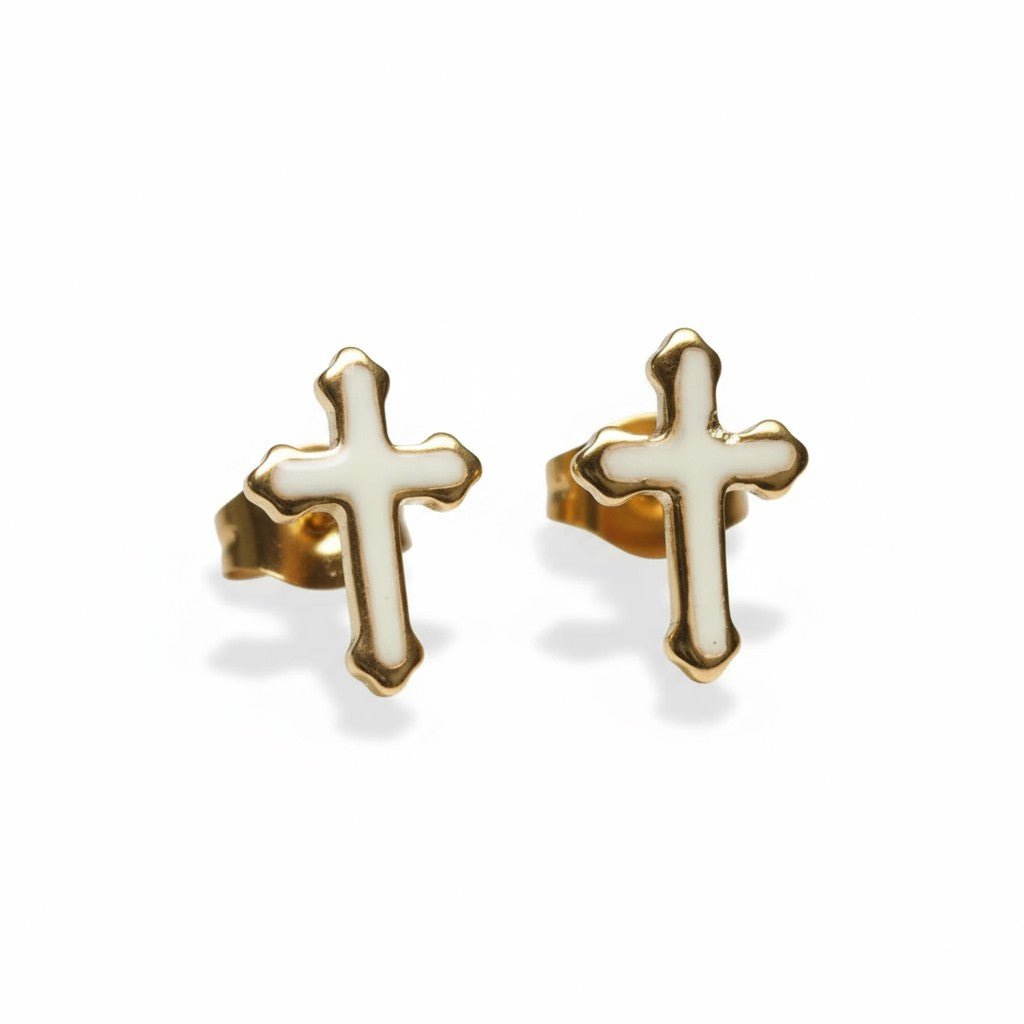 Goudkleurige Kruisjes Oorbellen Met Emaille Afwerking - Wit -