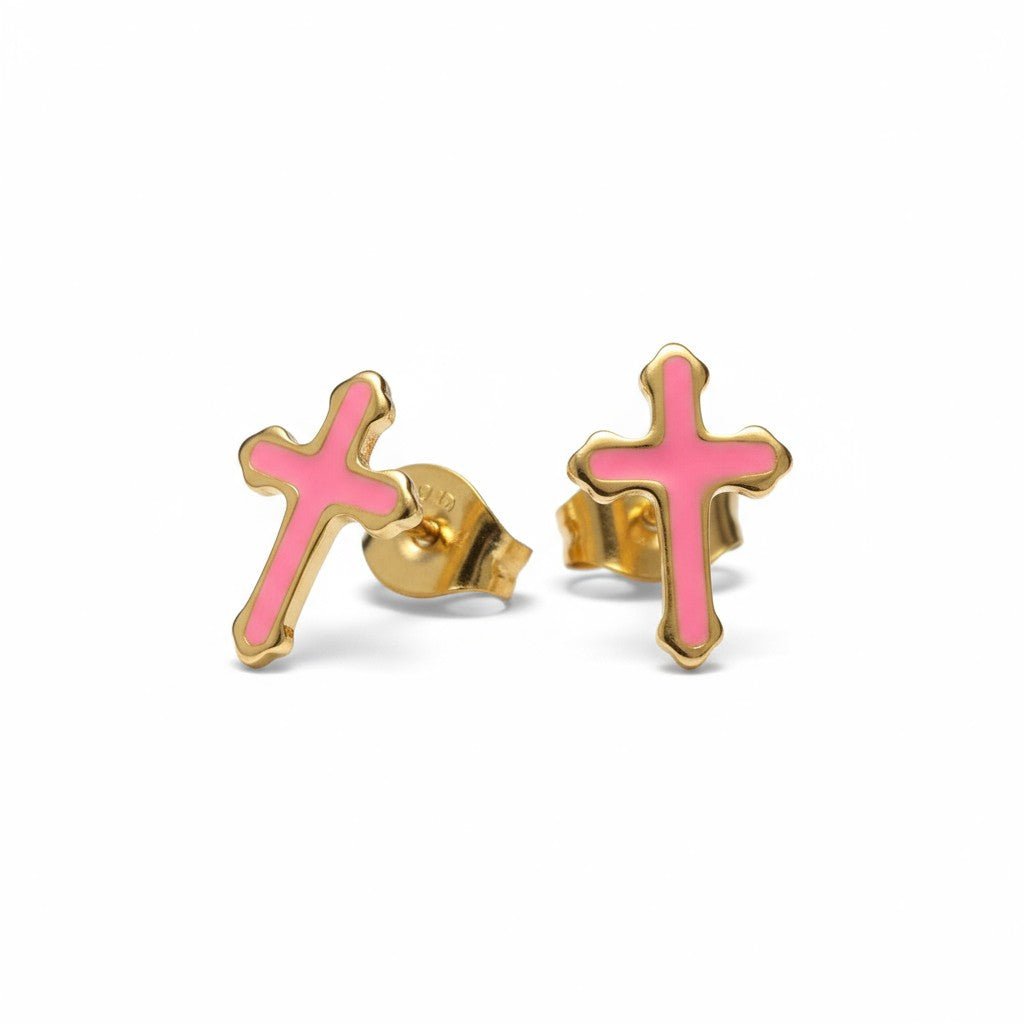 Goudkleurige Kruisjes Oorbellen Met Emaille Afwerking - Licht Roze -