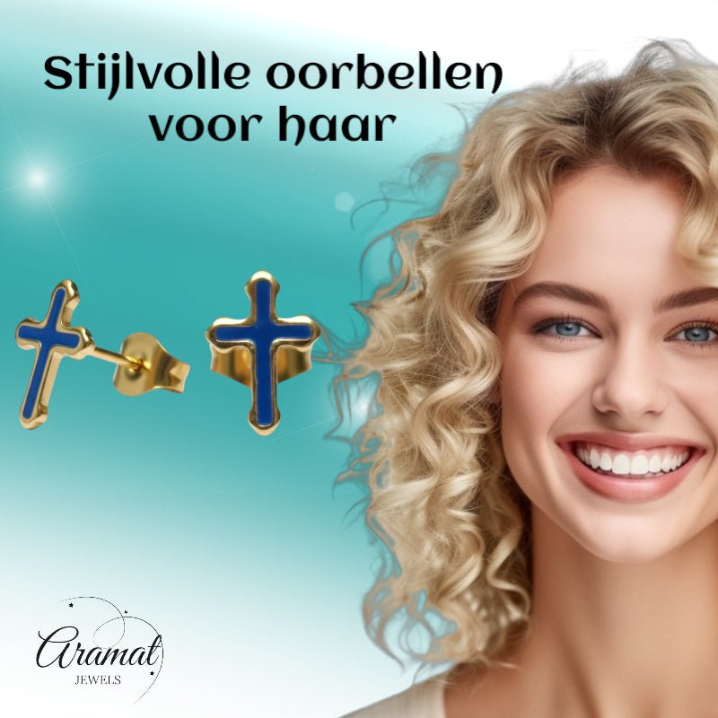 Goudkleurige Kruisjes Oorbellen Met Emaille Afwerking - Licht Roze -