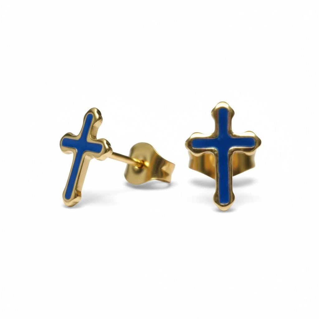 Goudkleurige Kruisjes Oorbellen Met Emaille Afwerking - Blauw -
