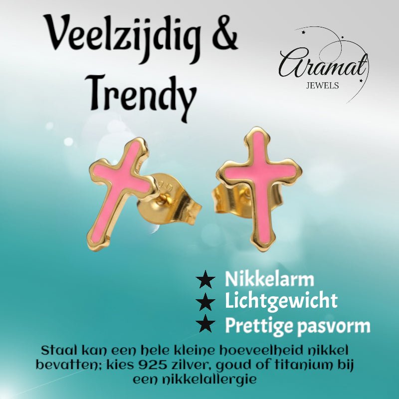 Goudkleurige Kruisjes Oorbellen Met Emaille Afwerking - Blauw -